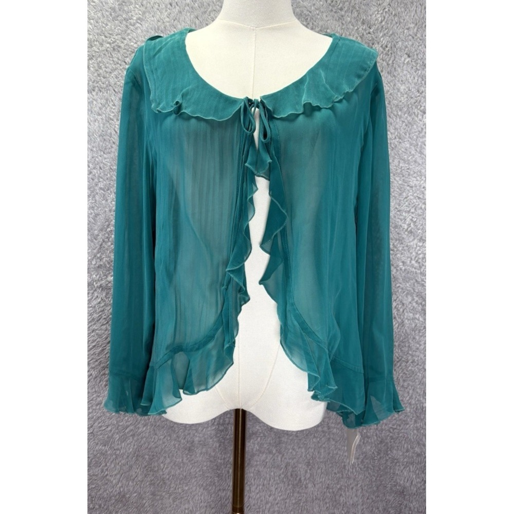 Vintage 80s Wild Rose Teal Tie Front Blouse Womens XL 16 Ruffle Deadstock Boho
